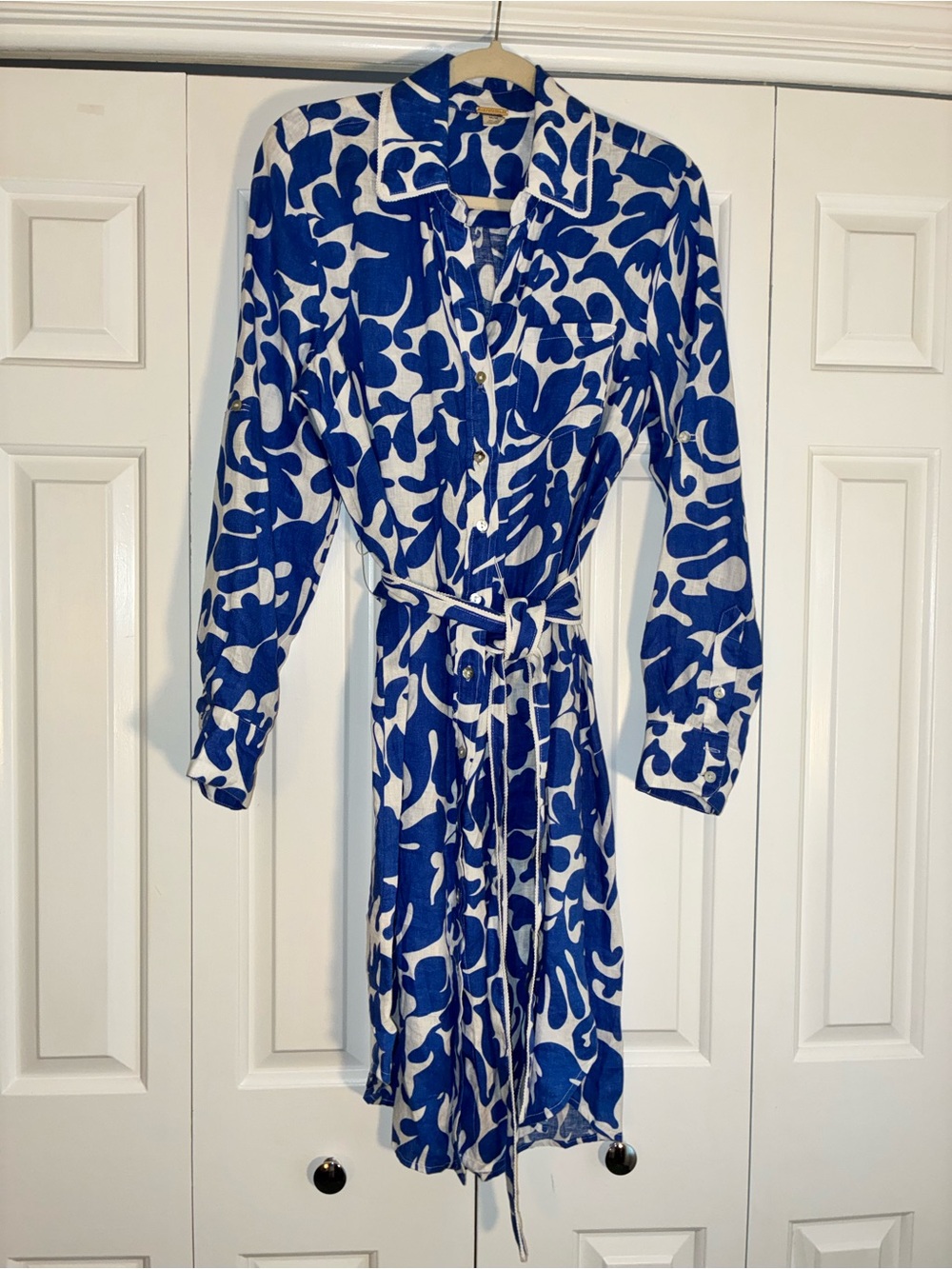 Magaschoni blue and white linen shirt dress, sz M, worn once.
